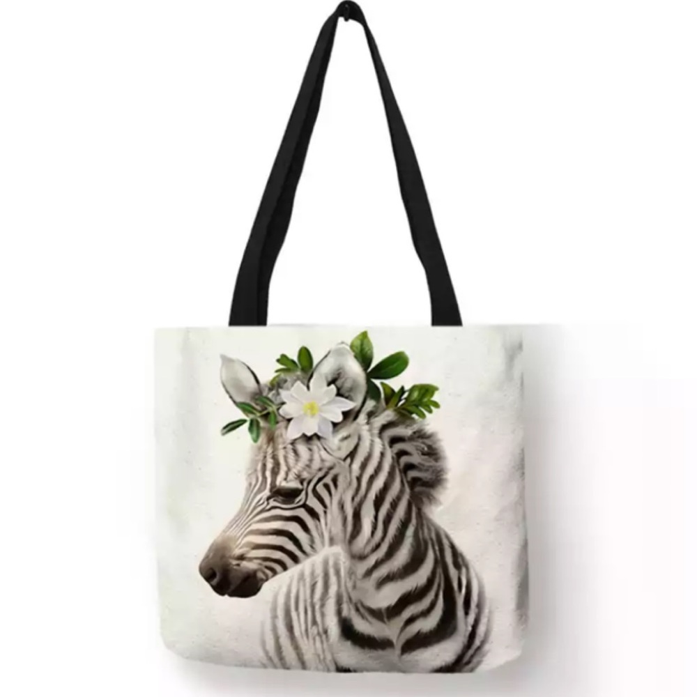 Eco-Friendly Folding Zebra with Flowers Tote Bag - Picture 1 of 15